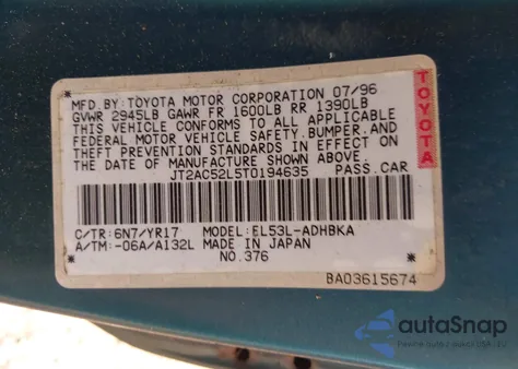 1996 Toyota Tercel Std/Dx z USA, uszkodzony, nr VIN JT2AC52L5T0194635